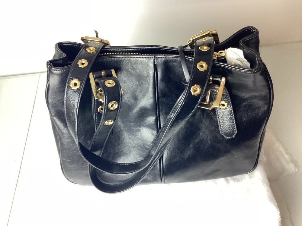 Monet Purse Designer Shoulder Bag Black Leather Hand Bag Gold Hardware NEW Vtg